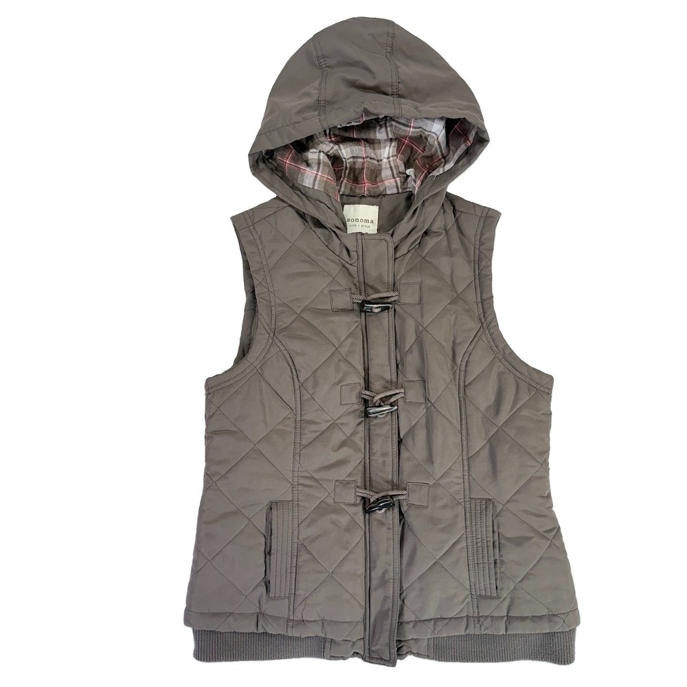 Sonoma Quilted Hooded Vest Women's M Brown Plaid Lined Toggle Fall Cabin EUC